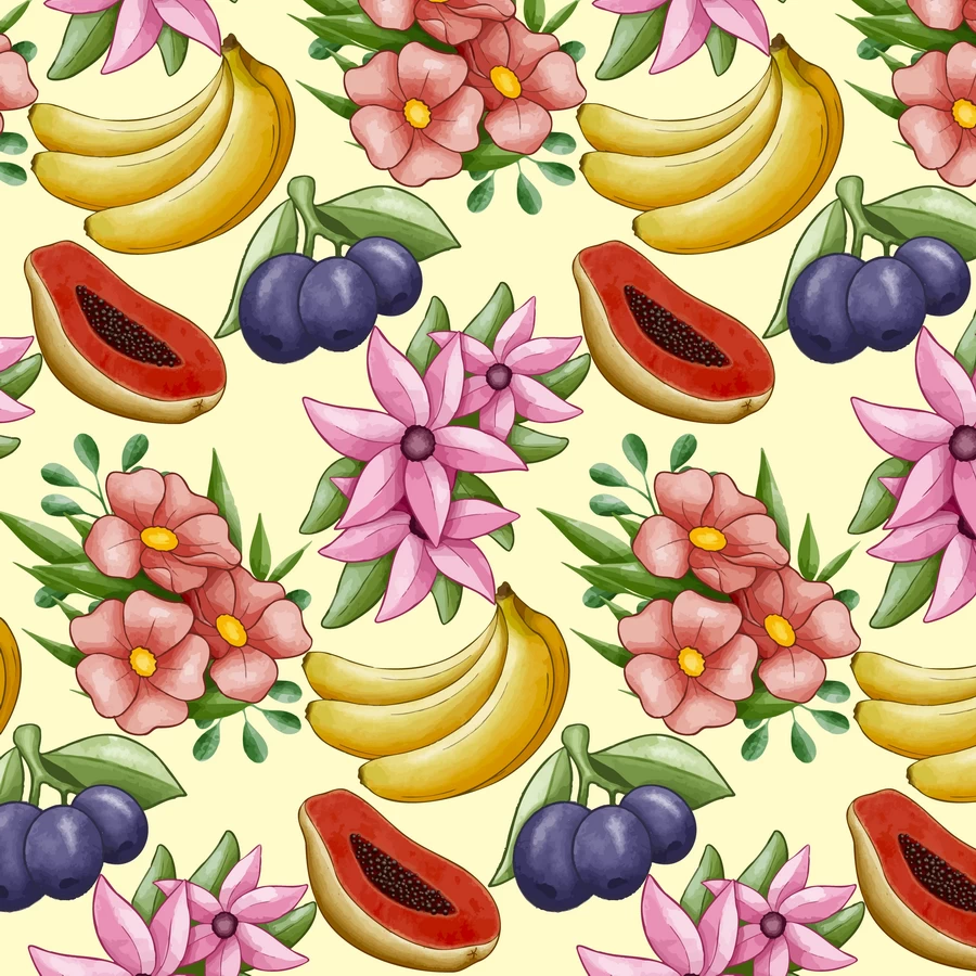 手绘水粉水果植物花朵树叶元素无缝背景图片插画AI矢量设计素材【012】